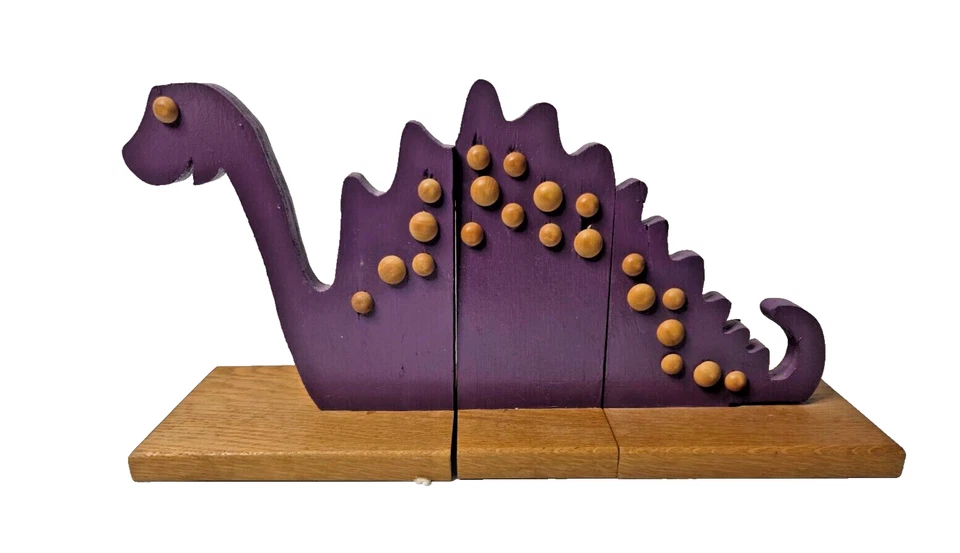 Handmade Wooden Purple Dinosaur Bookends Set Of 3 - Image 2 of 4