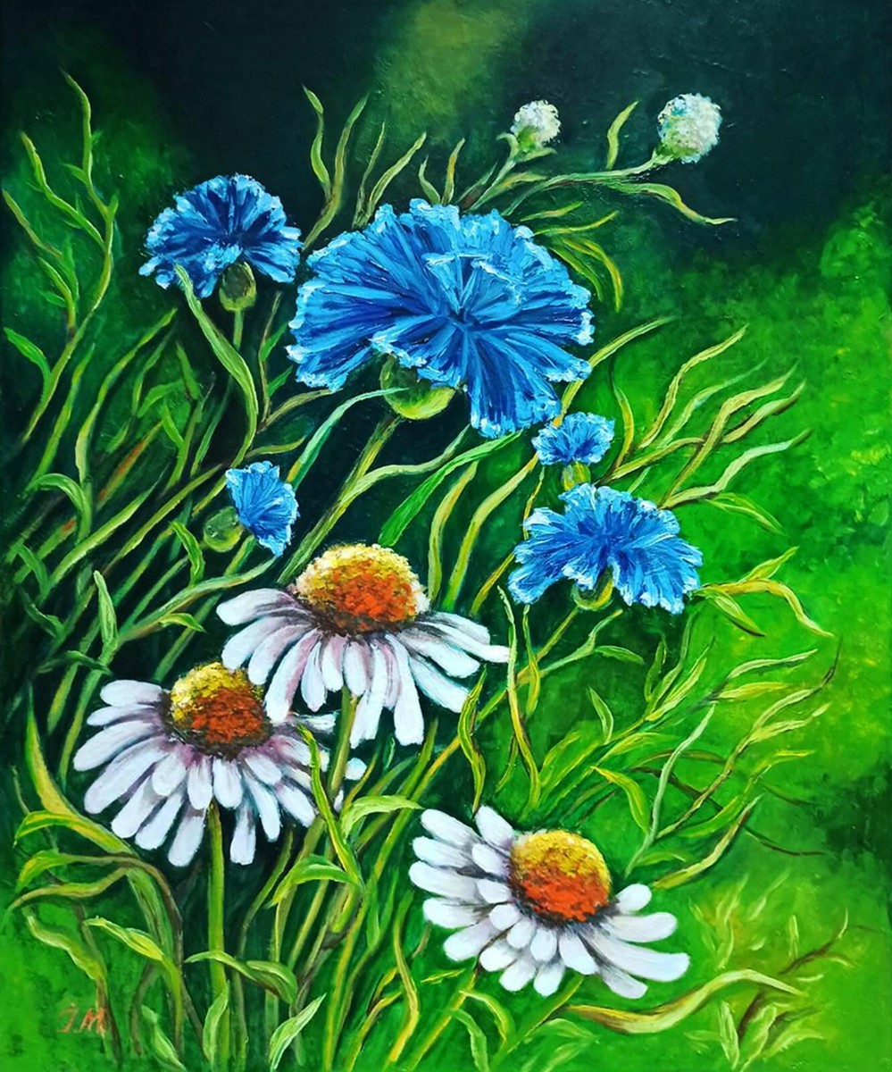 絵画 Oil painting of beautiful flowers. Cosmos Flowers Original Wildflower Oil Painting Colorful Floral