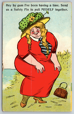 c1910s Safety Pin Fat Woman Red Dress Comic Humor Funny Antique Vintage Postcard c1910s Safety Pin Fat Woman Red Dress Comic Humor Funny Antique Vintage Postcard