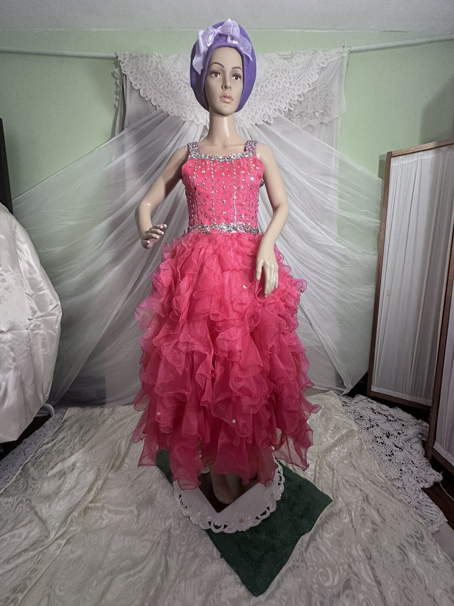 Pink Maximalist Cupcake Ruffly Iridescent Beaded Girls Organza Formal Gown