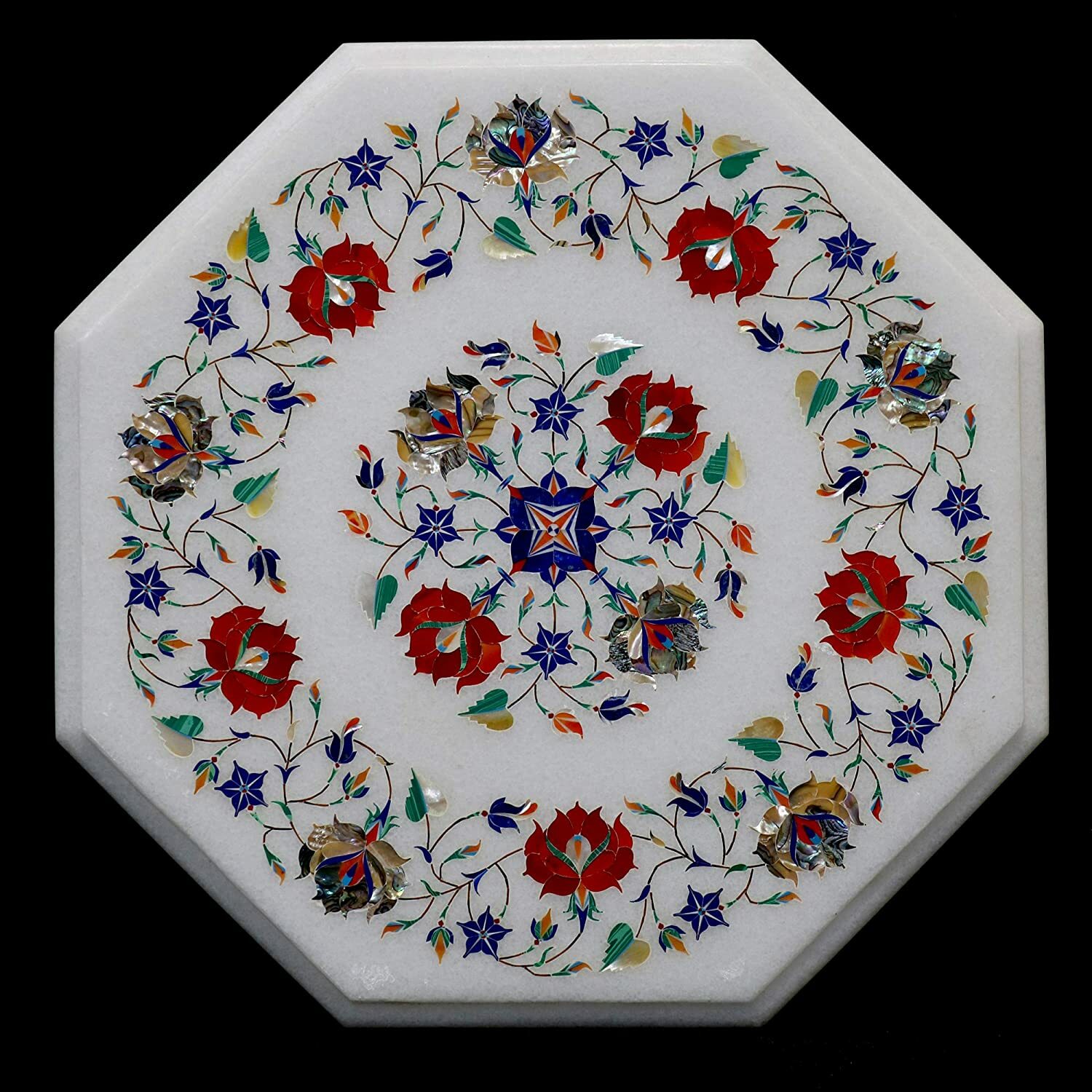 15-Inch Handmade Floral Pietra Dura Marble Inlay Corner Side Table for Home Decor