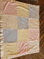 First Impressions Baby Blue Yellow Pink Chenille Velour Satin Trim Crib Blanket