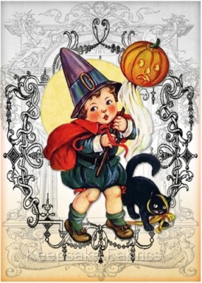 Little Witch Black Cat Collage Art Cotton Crazy Quilt Block Multi Szs (F3