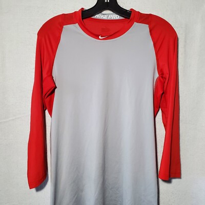 Nike Pro Fitted Shirt Men's Small Grey Red 3/4 Sleeve Dri Fit 