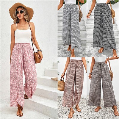 Damen Weite Beine Blumen Freizeithose Sommer Hoher Gummibund Hose Culotte