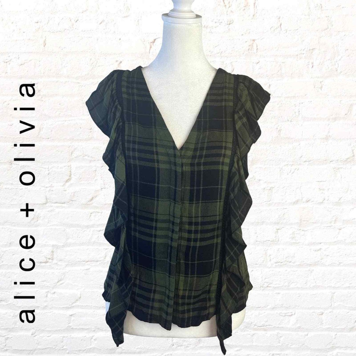 Alice + Olivia Womens Janet Side Ruffle Blouse In Army / Black