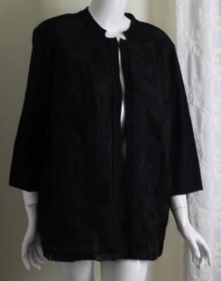 NWT Ming Wang Sz 0X Runs XL 1X BLACK Soutache Acrylic Knit 3/4 Blazer Jacket