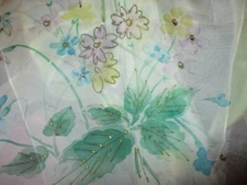 White Painted Purple Green Flowers Floral Sheer Oblong Scarf 42"