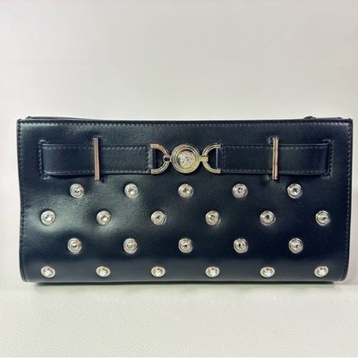 NEW! Versace Crystal Medusa 95 Studded Clutch Black Lamb Leather