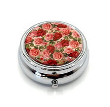 Red Pink Rose Blooms Vintage-Style Floral Purse Travel Vitamin Pill Box New