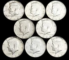 40% Silver Kennedy Half Dollars, 1966, 8 Coins, Circulated  (Ref. K66)