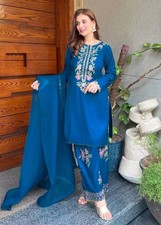 Presenting French Crepe Teal Blue Top Bottom With Dupatta For Function Wear
