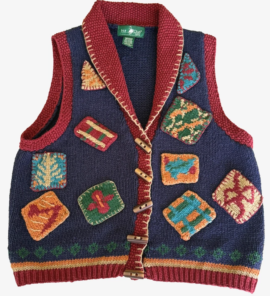 Chaleco Suéter Hunt Club Para Mujer Tejido Retazos Palanca Botón Talla PM De Colección Años 70 Foto 4 de 4