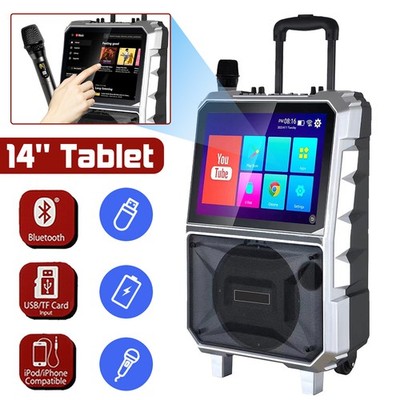 14'' Tablet Portable Karaoke Machine Rechargeable w/ Trolley Wheel & Wireless Mic