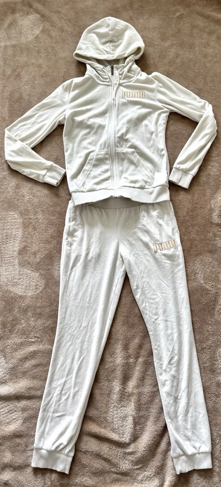 Puma Velour Tracksuit Hoodie And Joggers Womens Size XS Cream Gold Coords - Image 2 of 4