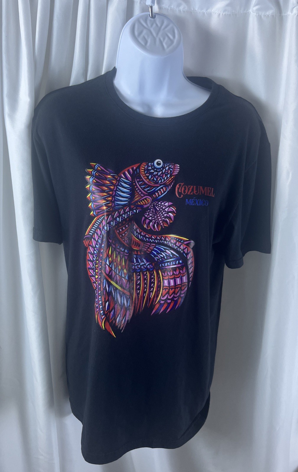 Itzel Women’s Black Graphic T-shirt Size M Cozumel Mexico Vibrant Fish Casual
