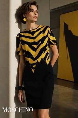 Moschino Cheap And Chic Zebra Print Dress Womens L Black Yellow Sheath Stretch I