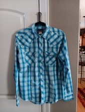 Wrangler Men's Vintage Aqua Plaid Pearl Snap Western Shirt Long Sleeve M/M/M