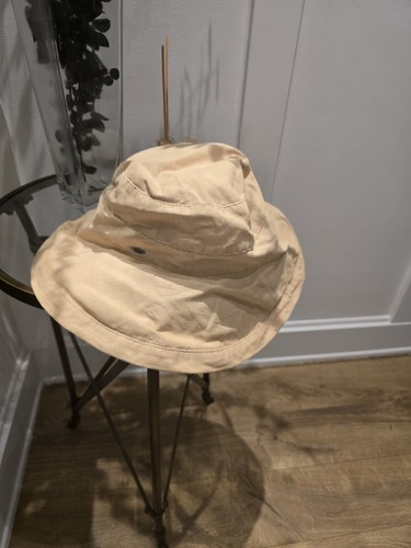 Scala Beige Solid Bucket Hat Drawstring Metal Logo One Size