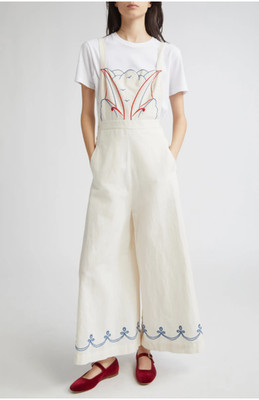 Bode Embroidered Sailboat Cotton Linen Jumpsuit Cream Women US 12 NEW