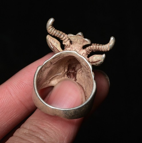 1.4" Old Chinese Silver Dynasty Zodiac Animal Sheep Goat Head Ring Rings - Picture 5 of 8