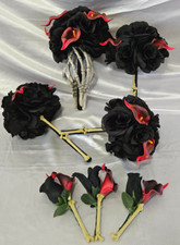 Gothic Wedding Bouquet Set, Skeleton Bone Gothic Red & Black 7 Piece Package