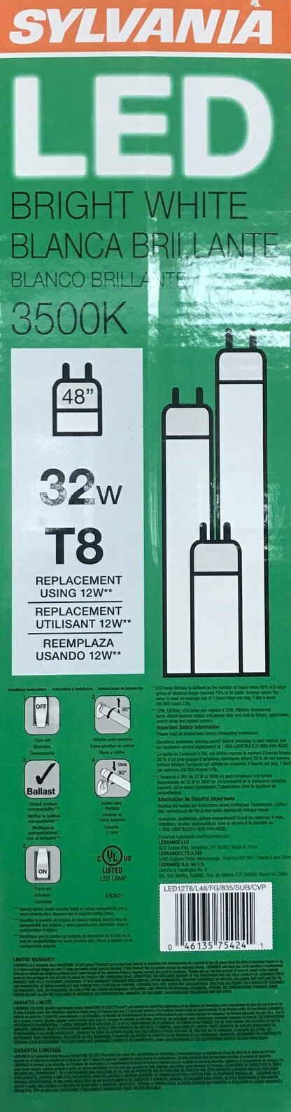 10 Sylvania 32W 48-inch T8 Replacement LEDs - Bright White - 3500K - NEW