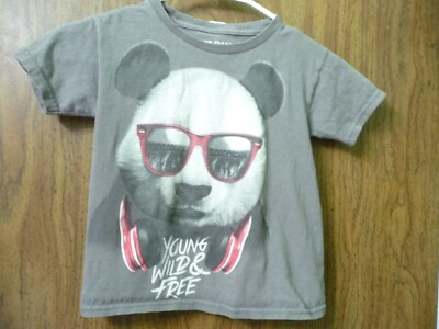 GILDAN XS 4-5 T SHIRT WITH PANDA FACE SAYS YOUNG WILD AND FREE