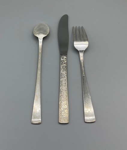 International Silver Co "Vintage" pattern leaf 3 piece set iced tea fork knife - Picture 2 of 6