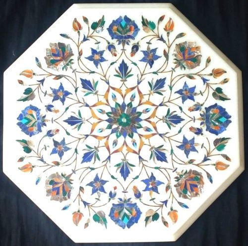 12-inch white marble table top with semi-precious stone inlay for elegant decor