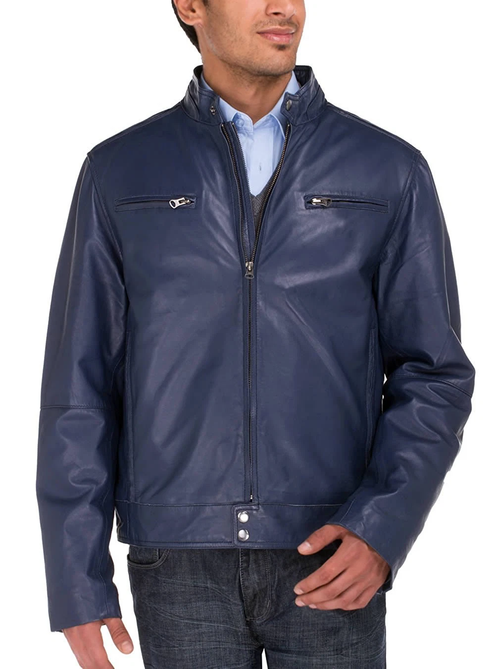 Luciano Natazzi Mens Trim Fit Lambskin Leather Moto Jacket Vintage