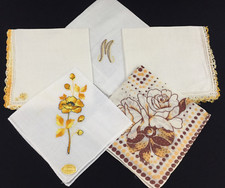 Handkerchiefs Hankies White Yellow Brown Gold Crocheted Tatted Lace VTG Lot of 5