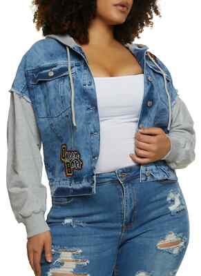 Thrill Jeans Women's Graphic Patch Hooded Denim Jacket Heather Gray Plus Size 2X