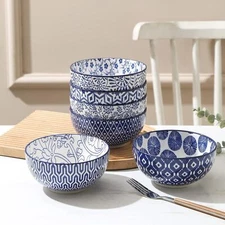 Ceramic Cereal Bowl Set of 6, 24 oz Kitchen Deep Soup Bowl, Vintage Blue