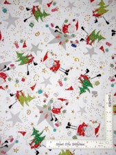 Christmas Tree Santa Star White Cotton Fabric QT Happy Christmas By The Yard