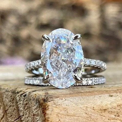 Anello di fidanzamento set sposa moissanite taglio ovale 3,97 TCW placcato oro bianco 14 carati - Foto 1 di 5