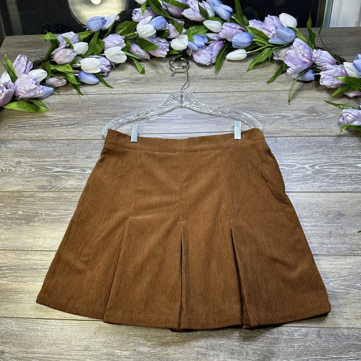 Brown corduroy cheap pleated skirt