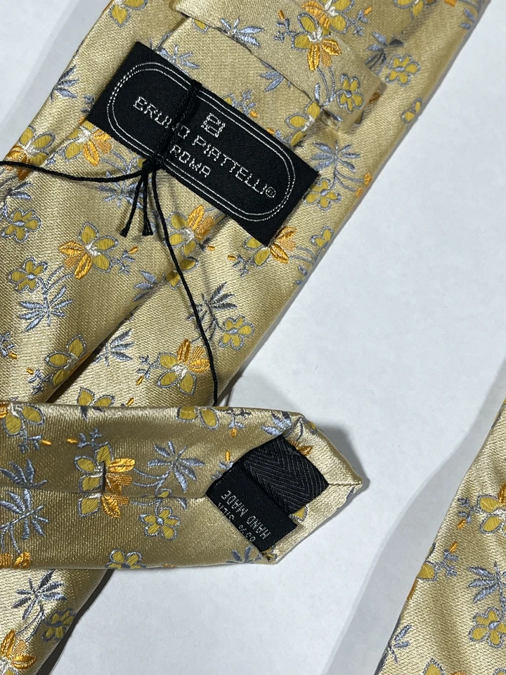 男式 Bruno Piattelli 金色花卉领带手工制作纯丝绸新品 — 第 2/3 张图片
