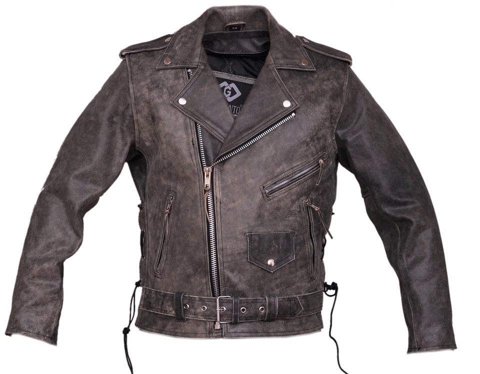 Mens Distressed Leather Marlon Brando Belted Biker Motorcycle Armoured Jacket - Image 3 of 4