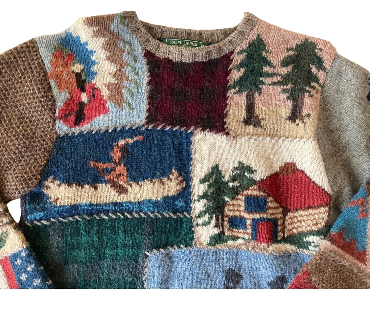 VTG 90s Ralph Lauren Polo Country Patchwork Navajo Hand Knit Sweater Wool Size S