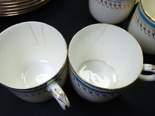 Precioso Antiguo Juego de Té Tazas de Porcelana Turquesa Oro Oro Greado Sin Marcar - Imagen 9 de 11