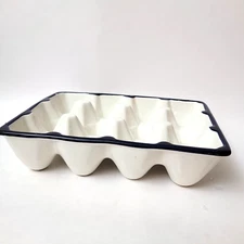 Porcelain Egg Crate, White w/ Navy trim by Cracker Barrel Holds 1 Dozen Eggs