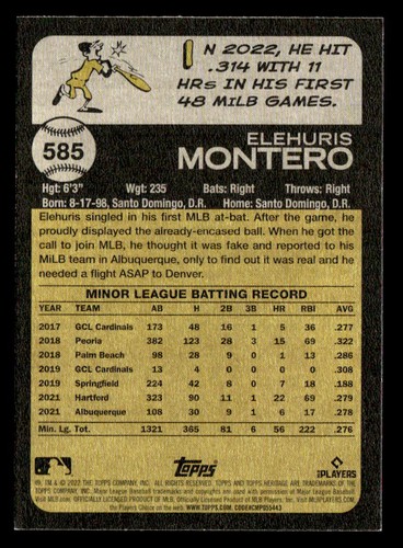 Elehuris Montero 2022 Topps Heritage #585 Rookie Colorado Rockies - 第 2/2 張圖片