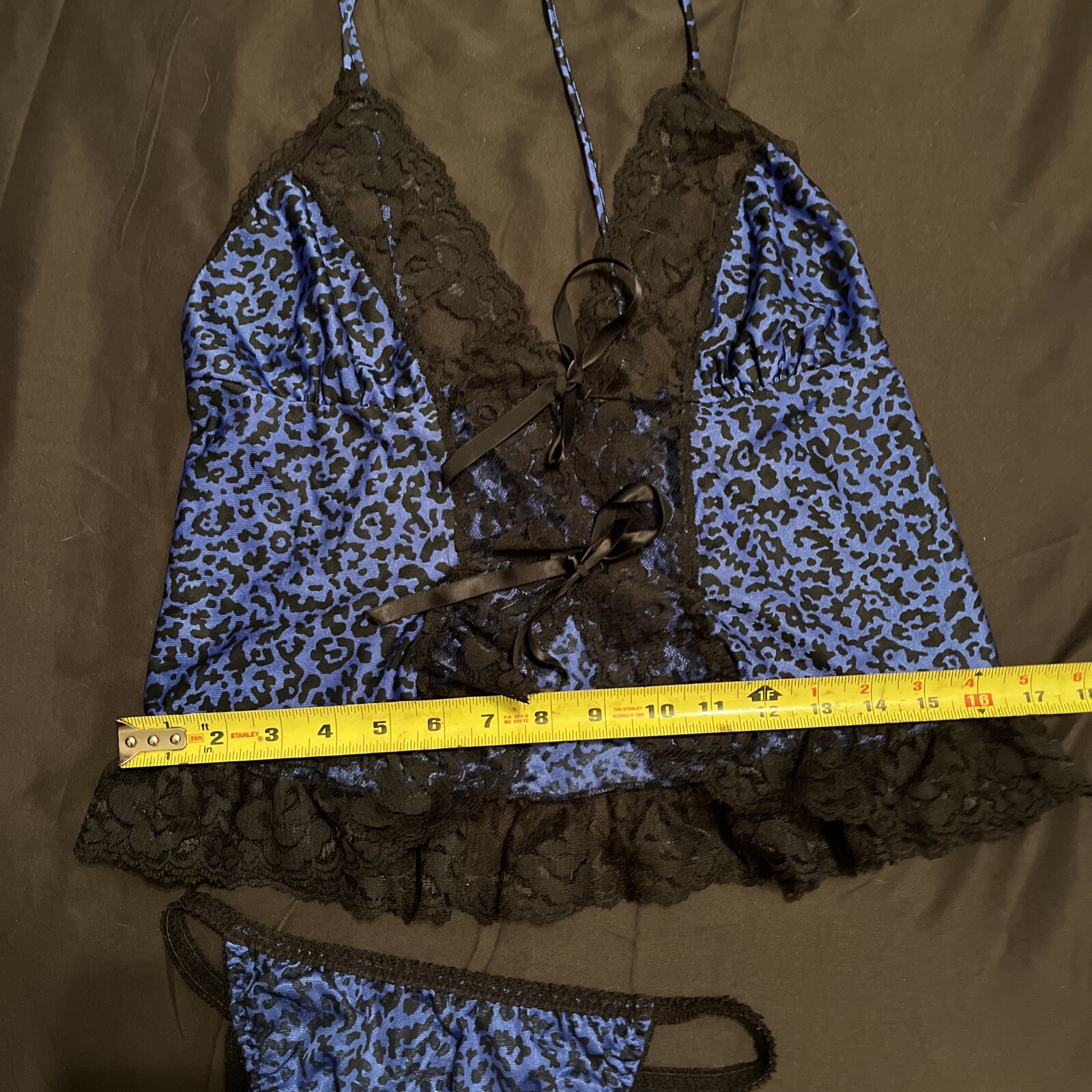 Vtg Alana Gale 2 Piece Blue Leopard Animal Print Lace Tie Front Lingerie Size S
