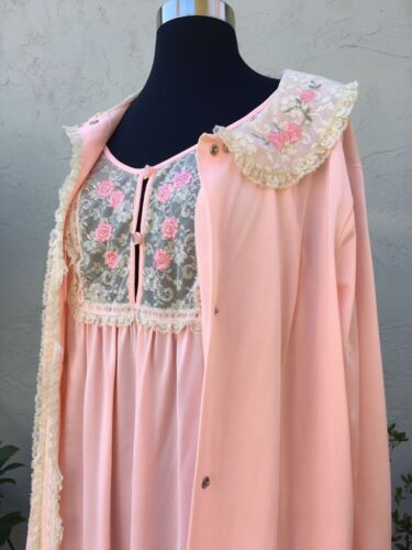 Vintage Komar Long Nylon Nightgown & Robe Pink w/F