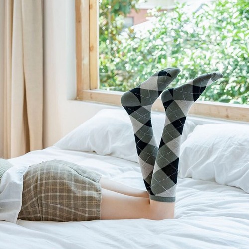 Women Knee High Socks College Vintage Multicolor Argyle Plaid Print Stockings - Picture 14 of 28
