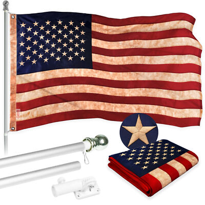 Combo: 6 Ft Flagpole Silver & USA Tea Stained Flag 3x5 Ft Embroidered 420D Poly