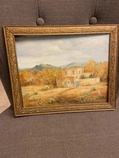 Vintage Oil  Painting Southwestern Adobe Fall Desert Cacti Cactus Landscape MCM