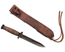 WWII M3 Trench Knife Replica Stacked Leather Handle + Ontario Knife Co Scabbard