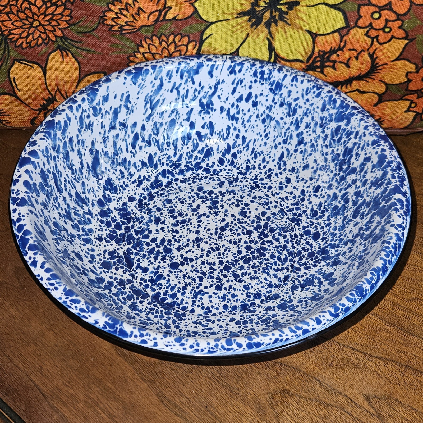 Blue and white splatterware enamel basin bowl, 12 inches.